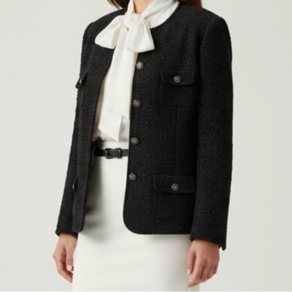 Lucien Daunois Black Virgin Wool Size 16 Tweed‎ Blazer Jacket Gold Buttons
